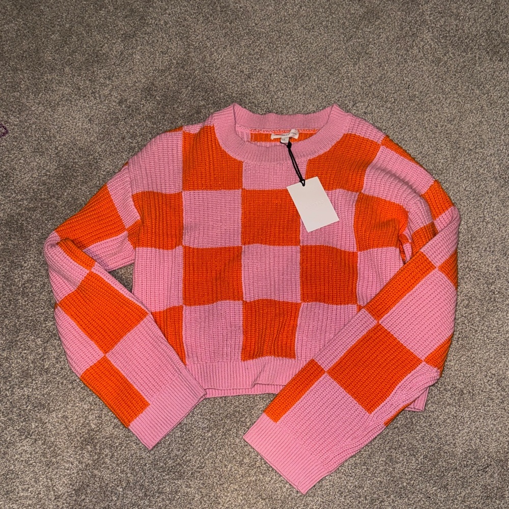 GREY LAB Pink and Orange Checkered Sweater